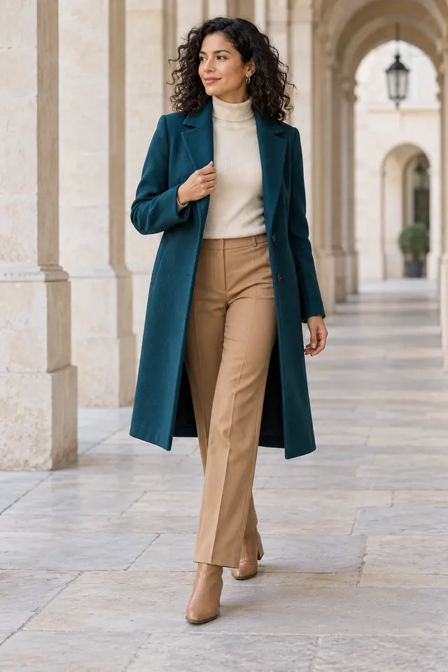 Mujer con abrigo azul petróleo, jersey de cuello alto marfil, pantalón recto camel y botines camel.