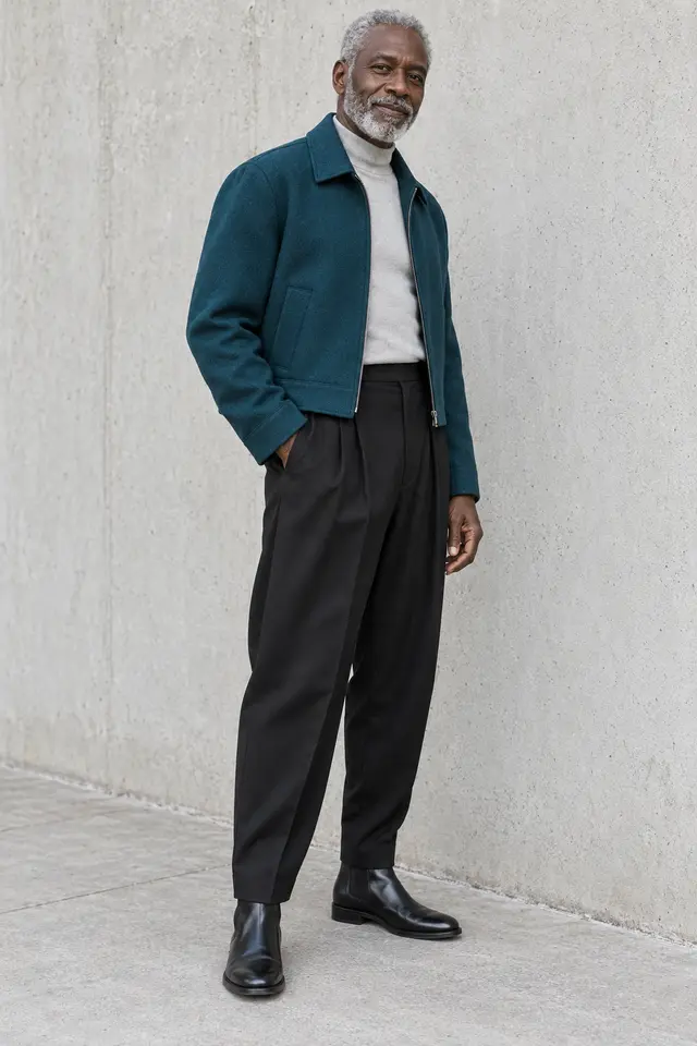 Hombre de cabello y barba canosos con chaqueta corta azul petróleo, jersey gris perla, pantalón negro de pinzas y botines negros.