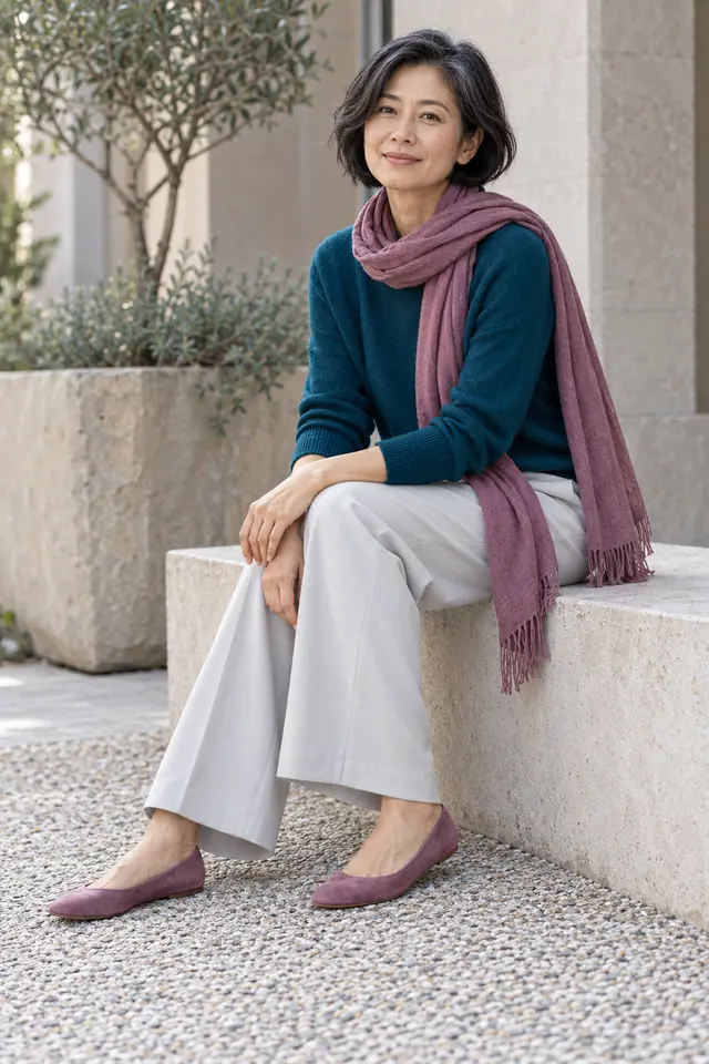 Mujer sentada con jersey azul petróleo, bufanda malva, pantalón amplio gris perla y zapatos planos malva.