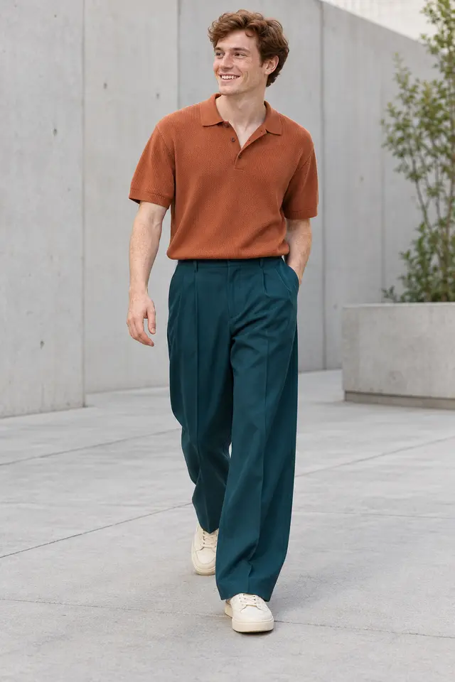 Hombre joven pelirrojo con polo terracota, pantalón muy amplio azul petróleo y zapatillas marfil.
