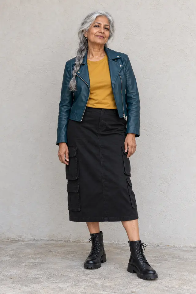 Mujer mayor de cabello plateado con cazadora de piel azul petróleo, camiseta mostaza, falda midi cargo negra y botines negros.