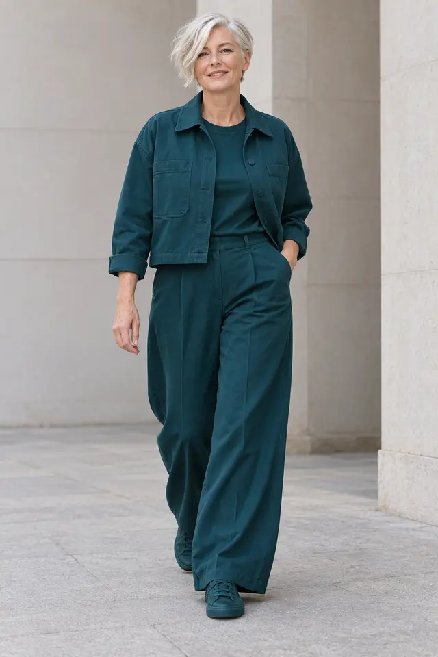 Mujer de cabello blanco corto con sobrecamisa, camiseta, pantalón amplio y zapatillas, todo en azul petróleo.