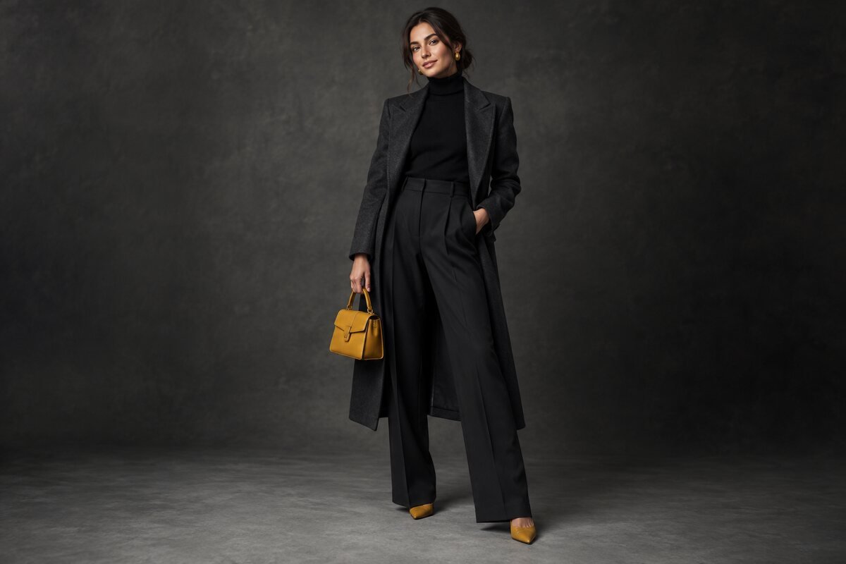 Modelo vestido de negro con pequeños acentos mostaza en bolso, pendientes y calzado