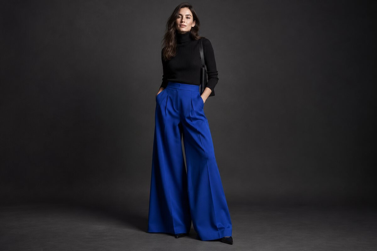 Modelo con jersey negro y pantalón azul cobalto que concentra el color bajo la cintura