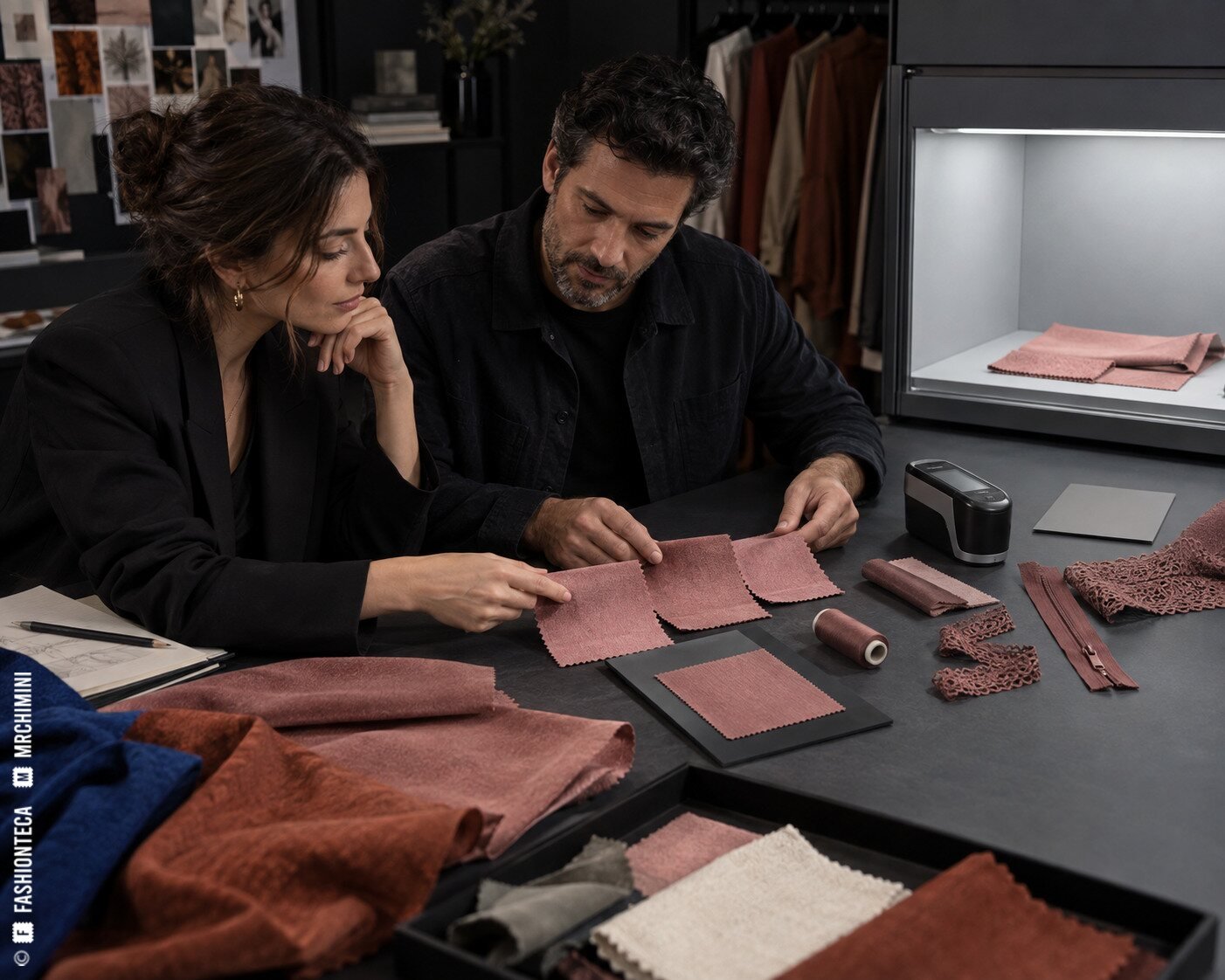 Diseñadora y técnico comparando lab dips, hilo, cremallera y muestra patrón bajo iluminación controlada