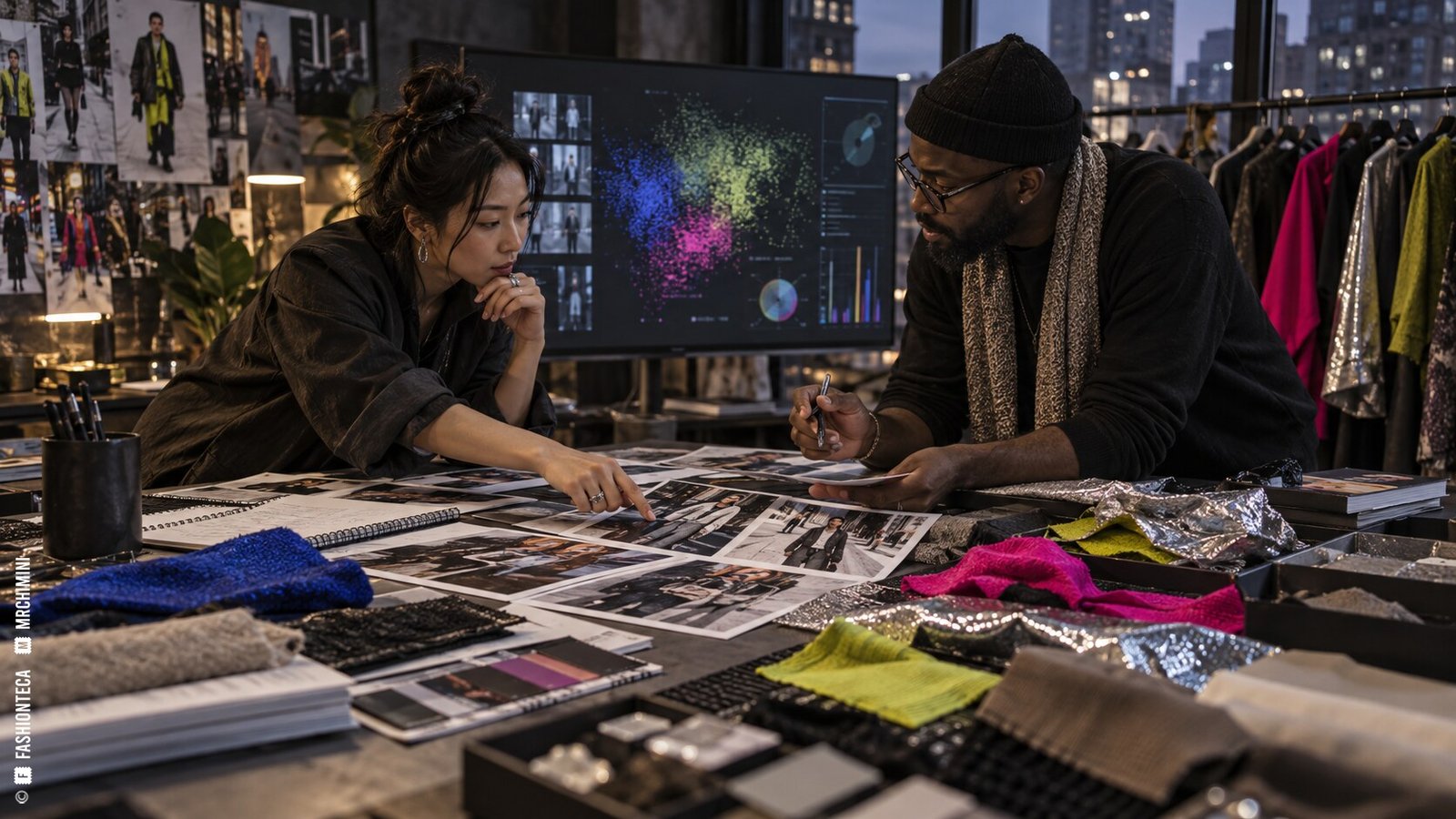 Diseñadores comparando señales de calle, muestras textiles y patrones digitales de color