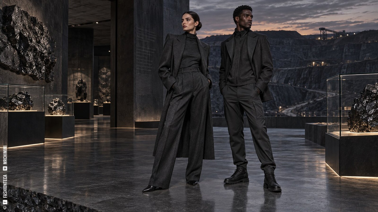 Editorial de Moda antracita con dos modelos en un museo mineral abierto a una cantera al anochecer