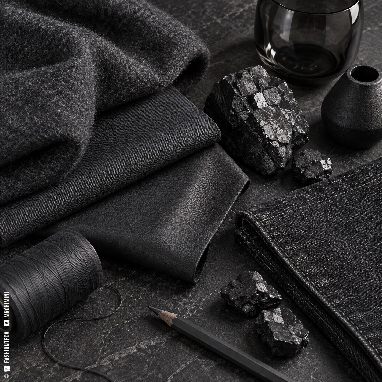 Bodegón antracita con lana, tejido técnico, cuero, vidrio ahumado, metal y carbón mineral