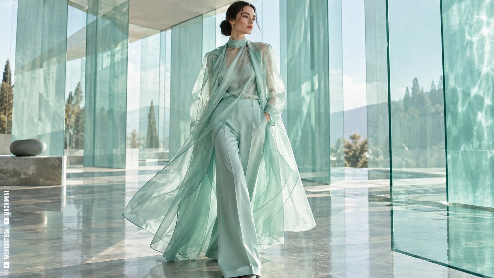 Editorial de Moda aguamarina en un pabellón de vidrio translúcido con luz refractada