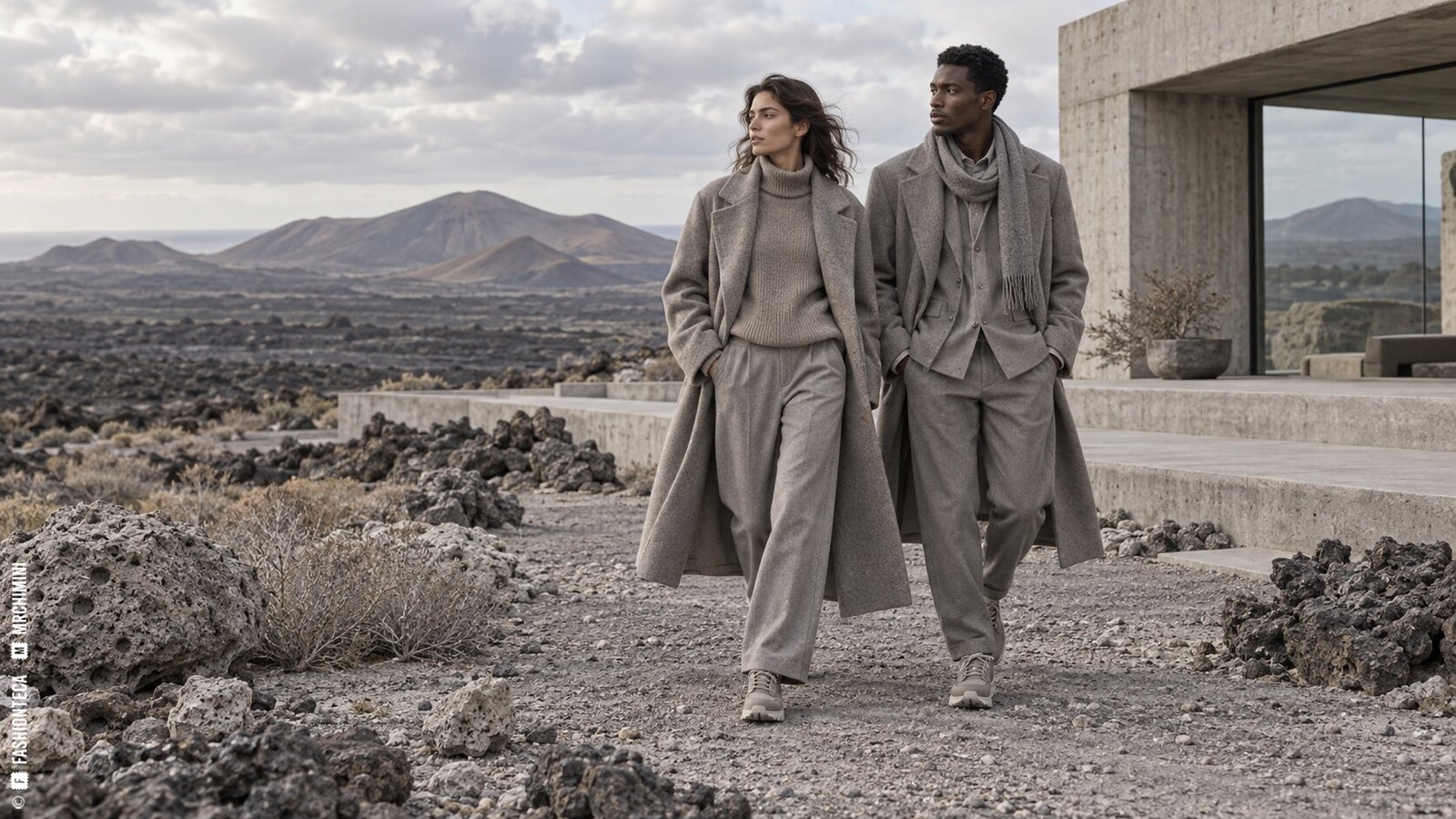 Editorial de Moda ceniza con dos modelos en un paisaje volcánico y arquitectura de hormigón