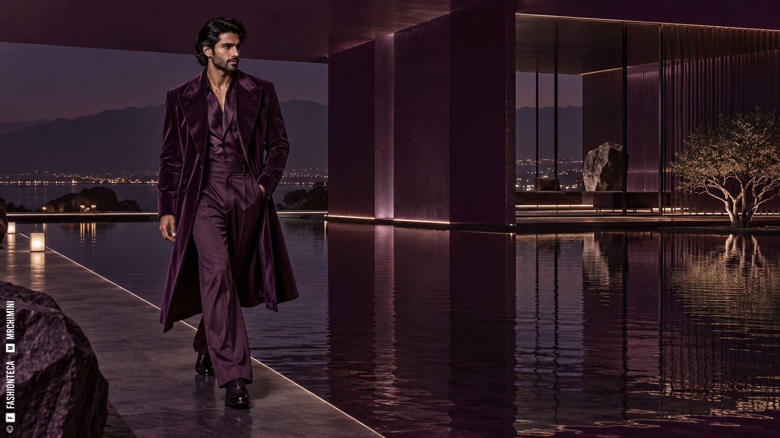 Editorial de Moda berenjena en un pabellón nocturno de vidrio, laca, agua y reflejos cálidos