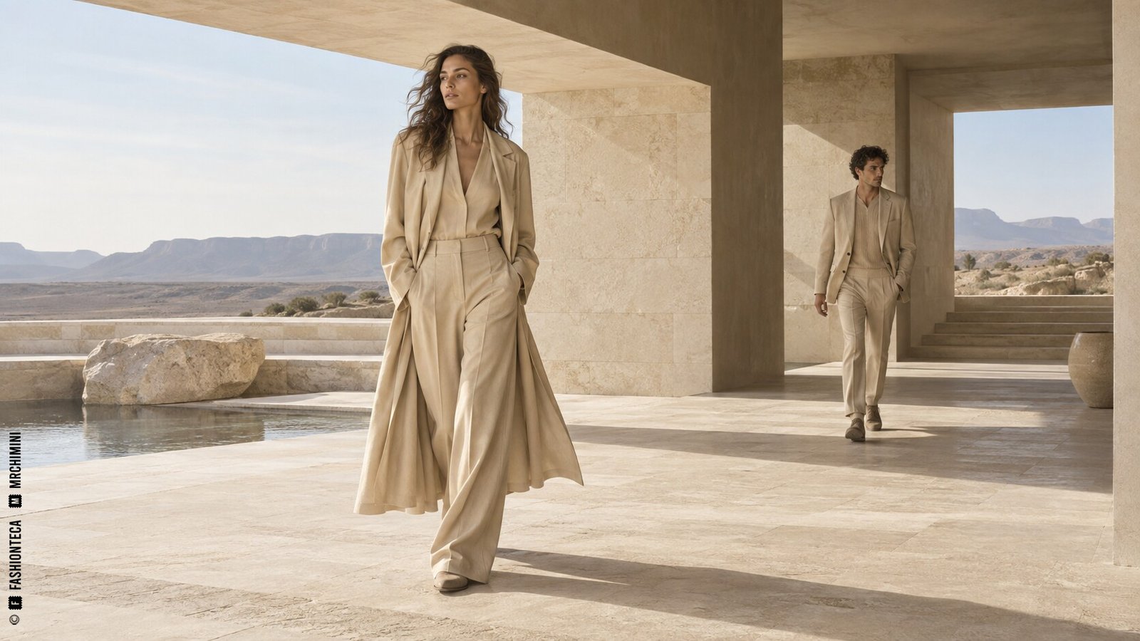 Editorial de Moda beige con dos modelos en un pabellón abierto de piedra y paisaje árido