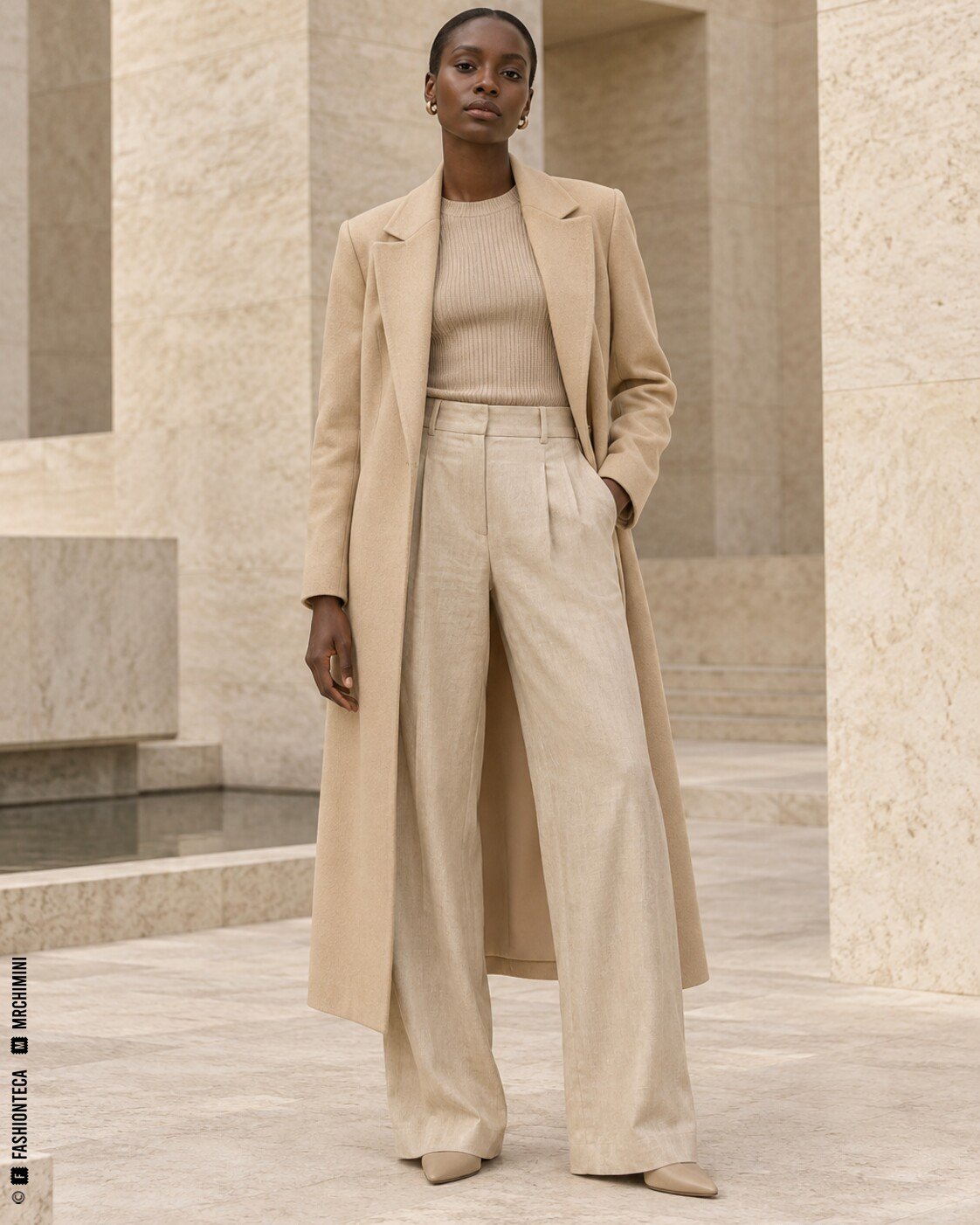 Modelo de cuerpo entero con sastrería beige de lino y lana en una arquitectura de piedra clara