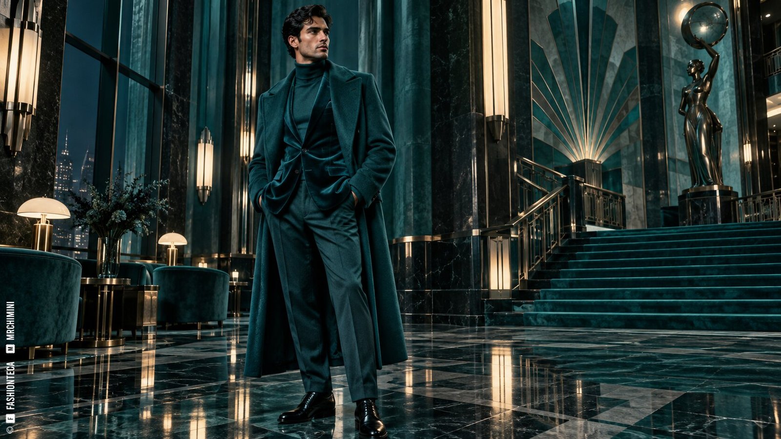 Editorial de Moda verde azulado en un gran vestíbulo art déco nocturno