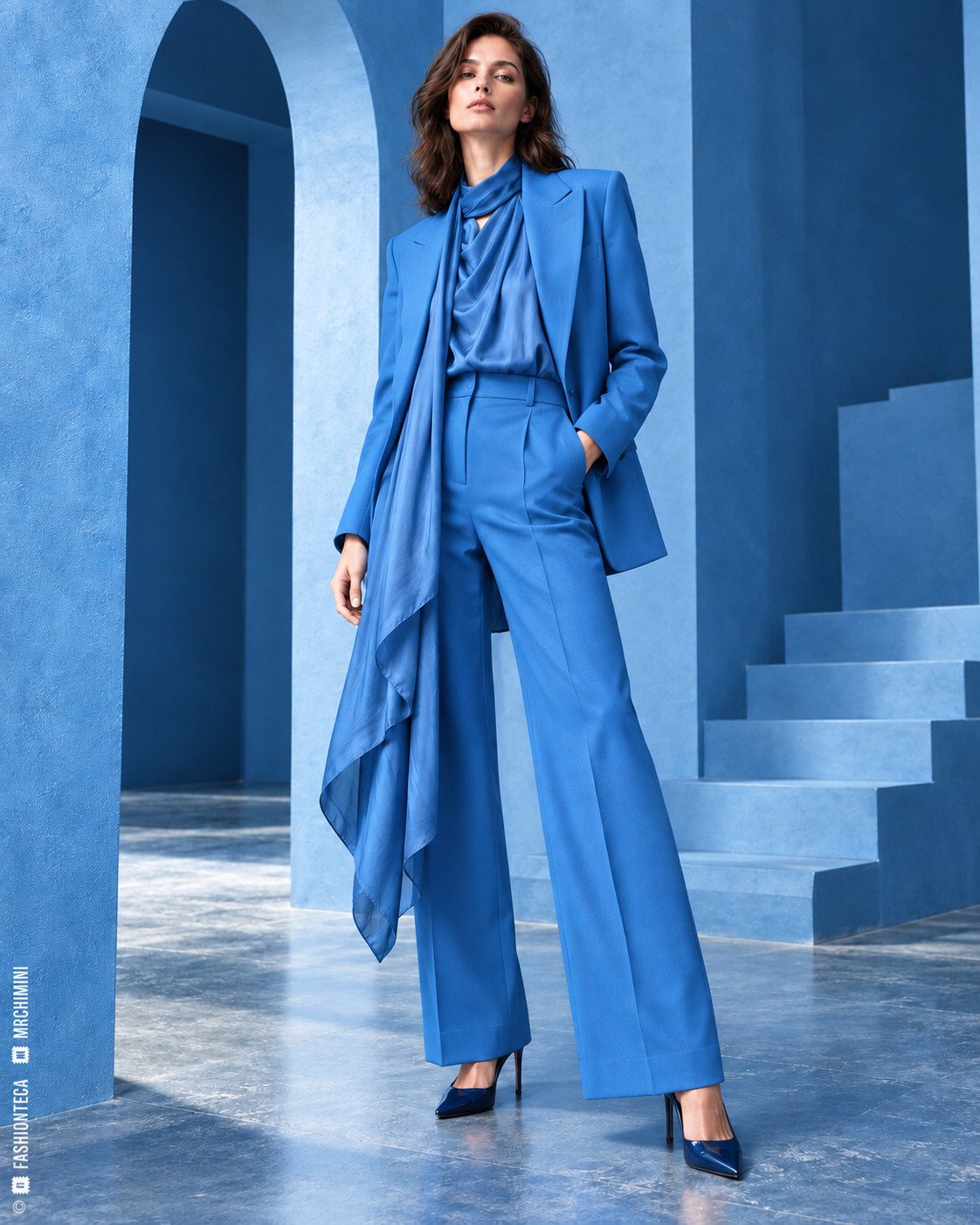 Modelo de cuerpo entero con sastrería azul media y capas celestes en una escenografía luminosa
