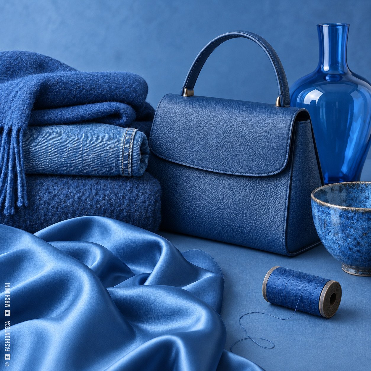 Bodegón de azules medios con denim lavado, lana, satén, cuero, vidrio, cerámica e hilo