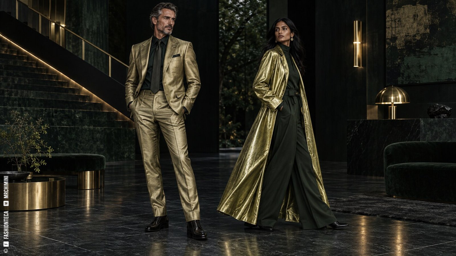Editorial de Moda latón con dos modelos de cuerpo entero en una arquitectura verde tinta y negra