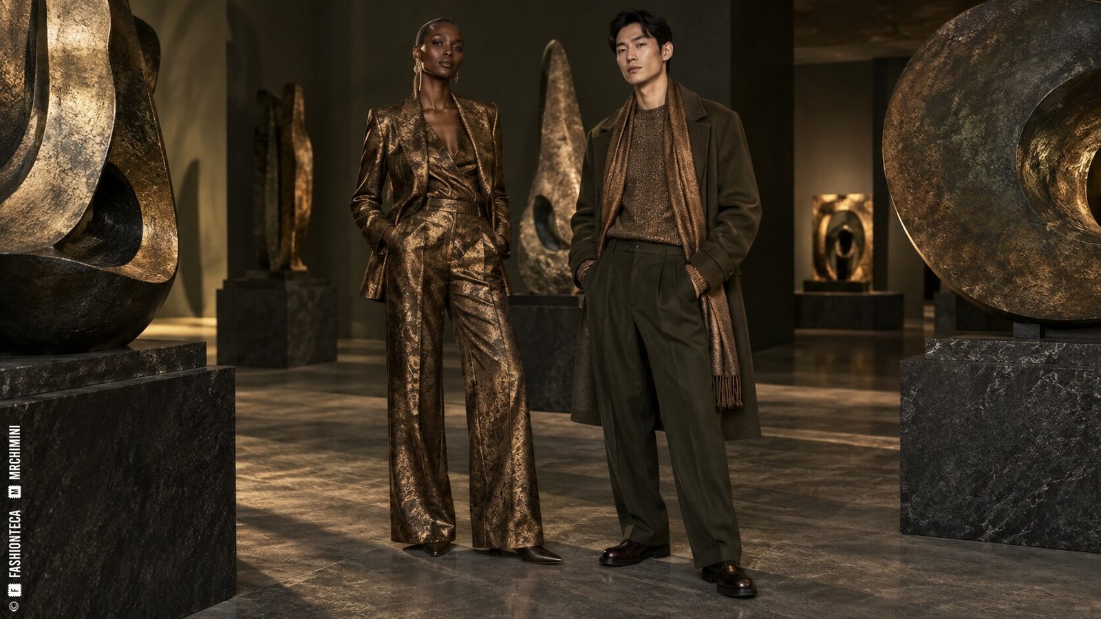 Editorial de Moda bronce con dos modelos de cuerpo entero entre esculturas oscuras y piedra negra