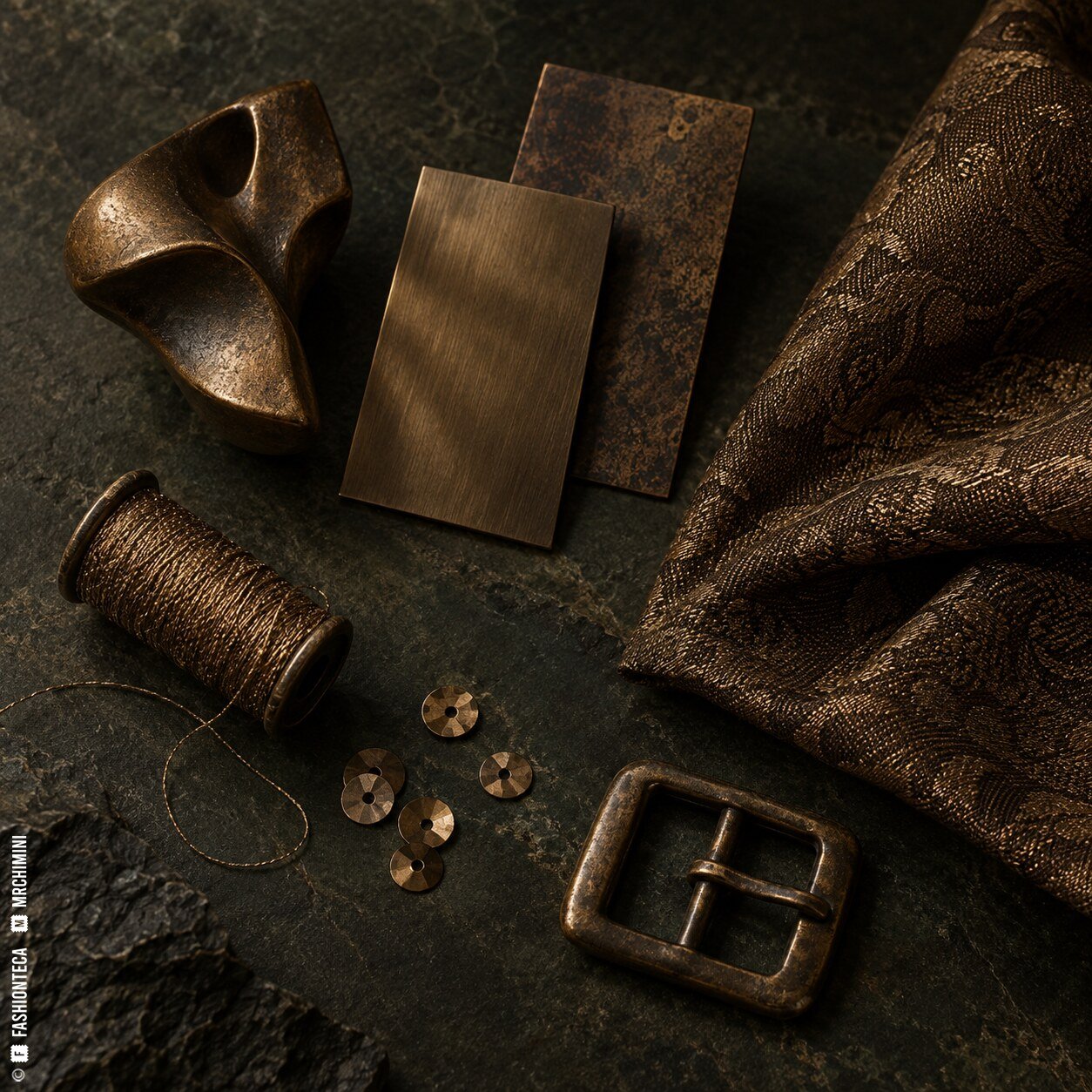 Bodegón bronce con pieza fundida, muestras cepilladas y patinadas, jacquard, hilo, lentejuelas y hebilla
