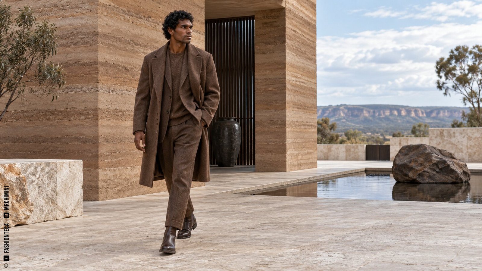 Editorial de Moda marrón en un patio moderno de tierra compactada, piedra y madera