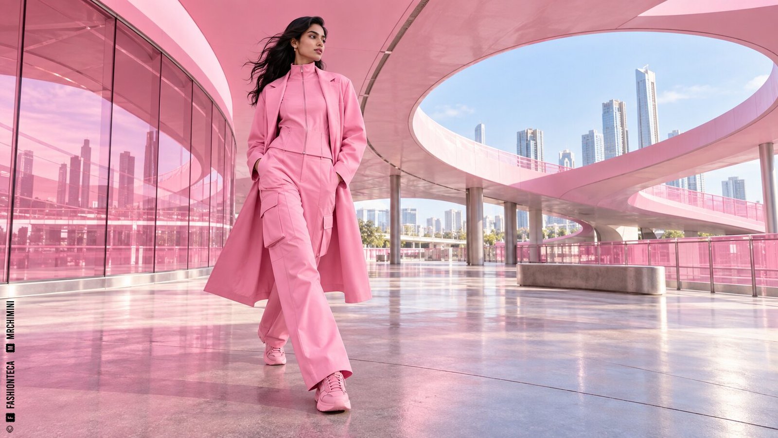 Editorial de Moda rosa chicle en una arquitectura urbana de paneles brillantes y luz gráfica