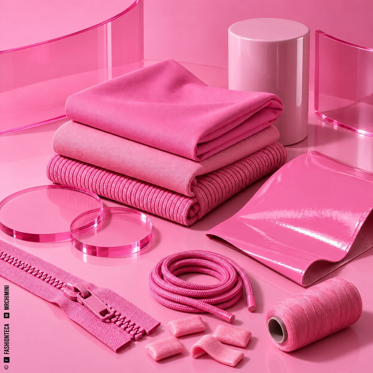 Bodegón rosa chicle con punto, vinilo, satén, plástico translúcido, cerámica, vidrio, hilo y goma de mascar