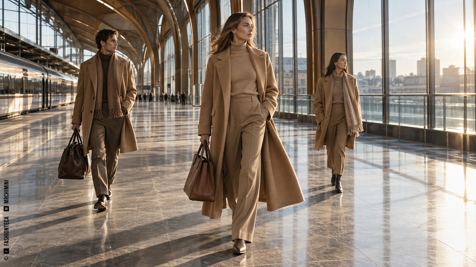 Editorial de Moda camel con varias figuras en una gran terminal ferroviaria iluminada por el sol