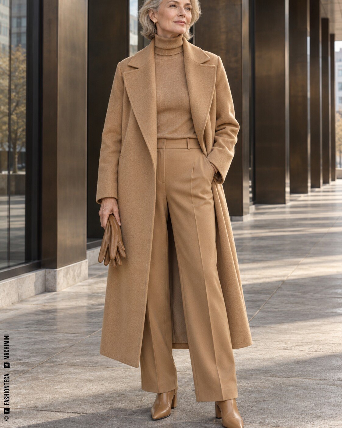 Modelo madura de cuerpo entero con abrigo camel y sastrería tonal en una galería contemporánea