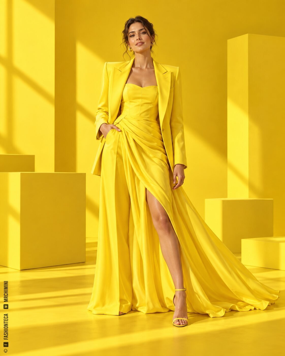 Modelo de cuerpo entero con vestido drapeado y chaqueta amarillo canario en un estudio monocromático