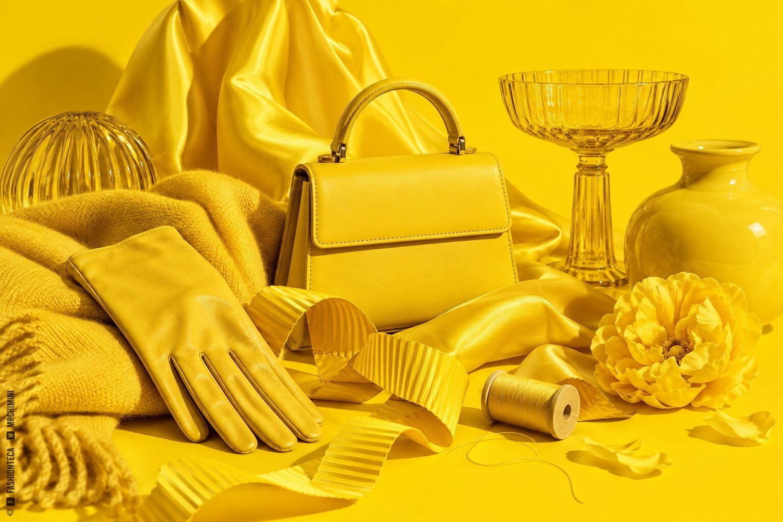 Bodegón amarillo canario con seda, lana, cuero, bolso, vidrio, cerámica, cinta plisada, hilo y flor