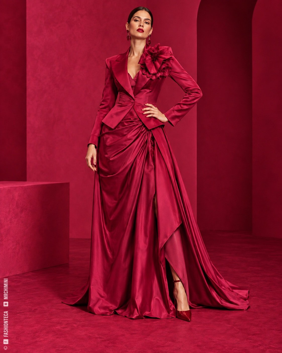 Modelo de cuerpo entero con vestido y chaqueta carmín sobre una escenografía carmín profunda