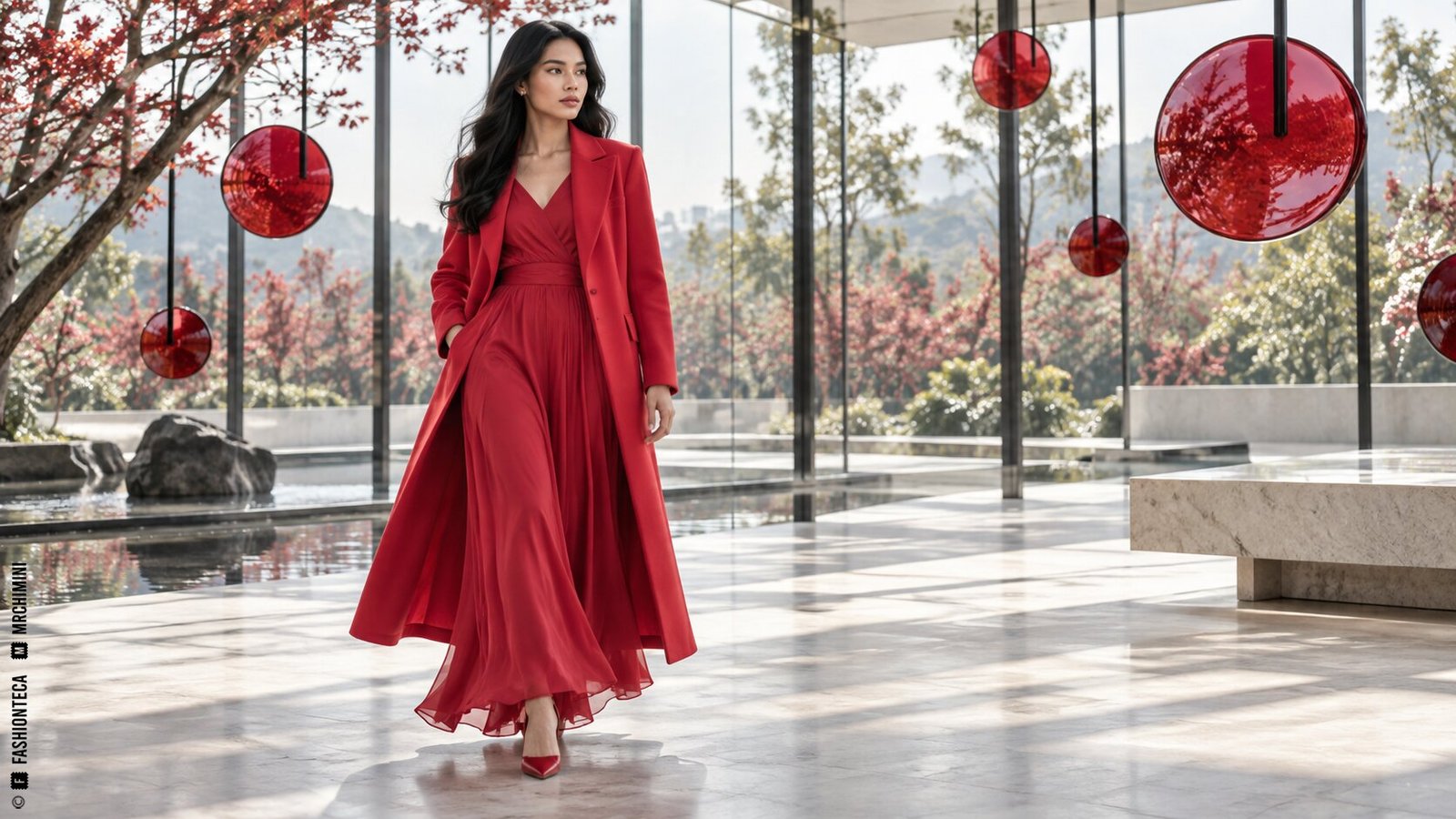 Editorial de Moda cereza en un pabellón de vidrio rojo y luz limpia de verano