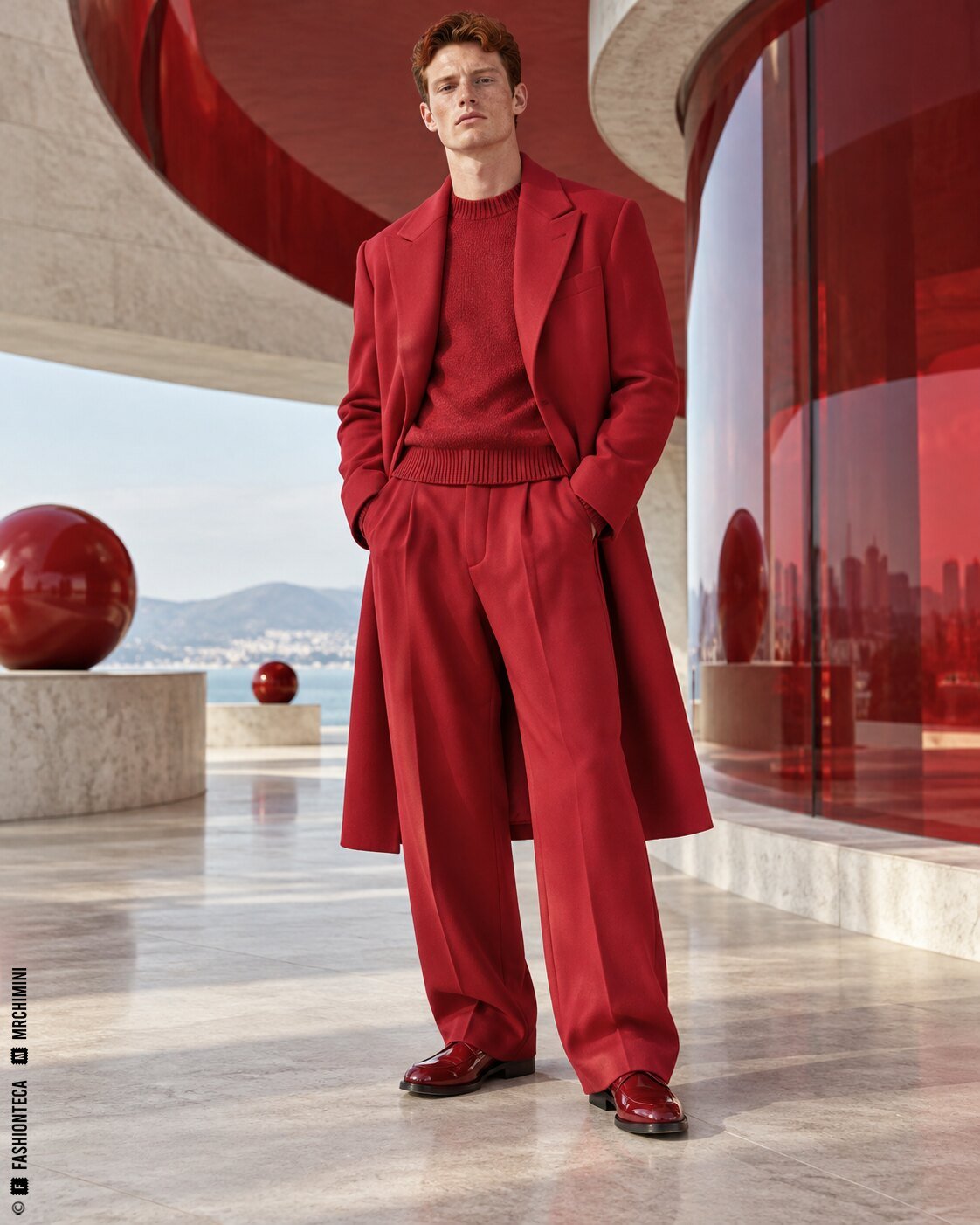 Modelo de cuerpo entero con sastrería cereza en una instalación contemporánea de superficies rojas brillantes