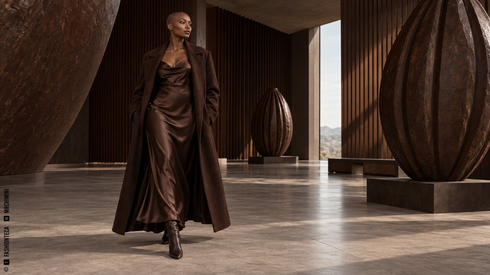 Editorial de Moda chocolate en un espacio contemporáneo de madera oscura y formas inspiradas en cacao