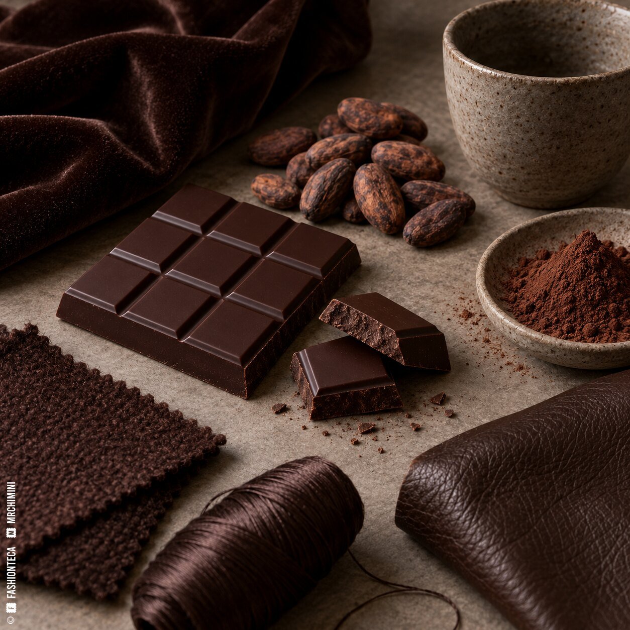 Bodegón chocolate con lana, terciopelo, cuero, tableta de chocolate, granos de cacao y cerámica