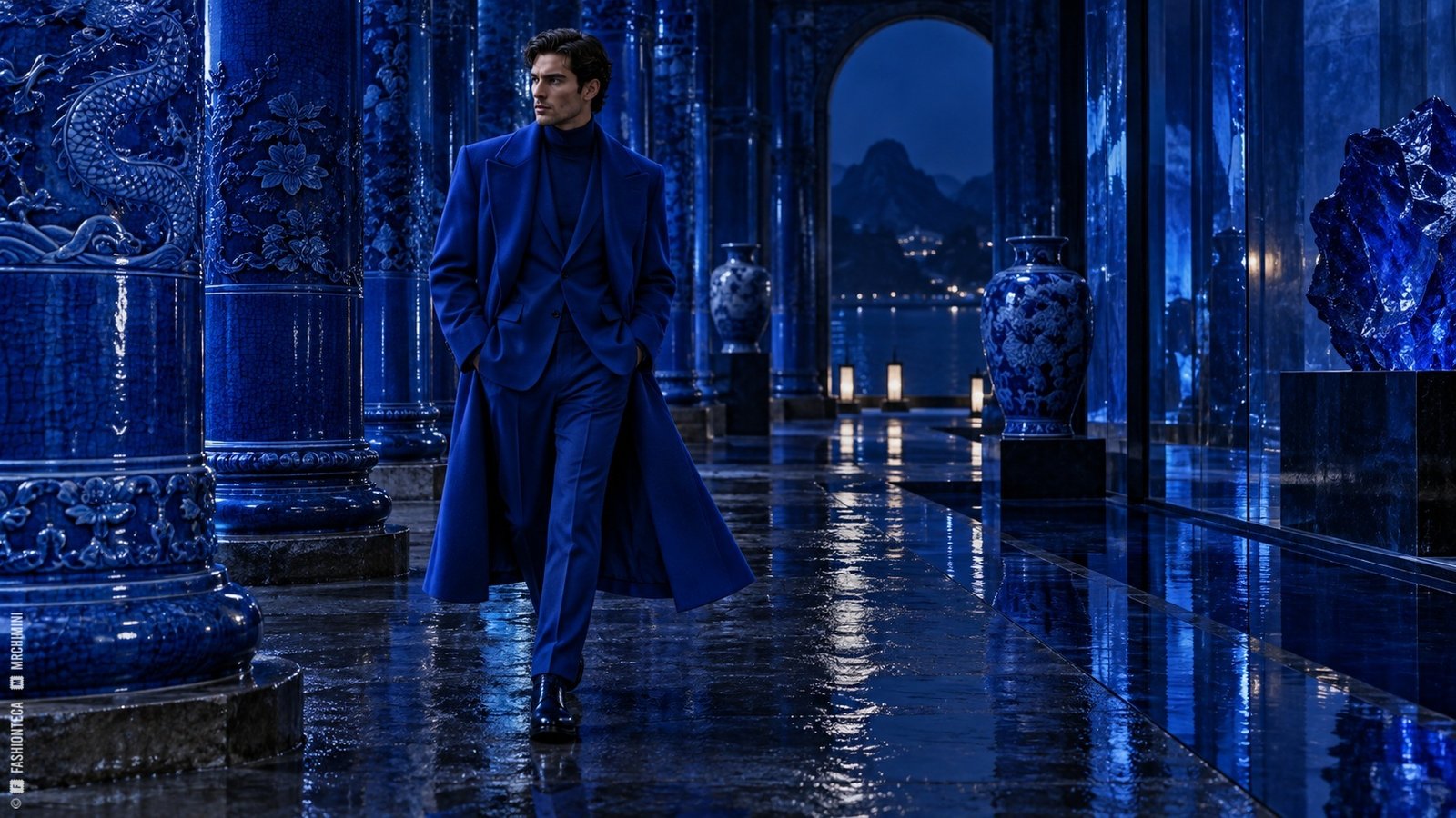 Editorial de Moda azul cobalto en una galería nocturna de azulejos y reflejos intensos