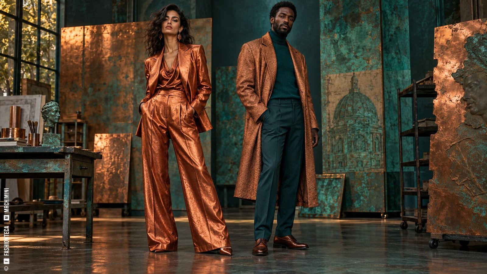 Editorial de Moda cobre con dos modelos de cuerpo entero en un taller de conservación verde azulado