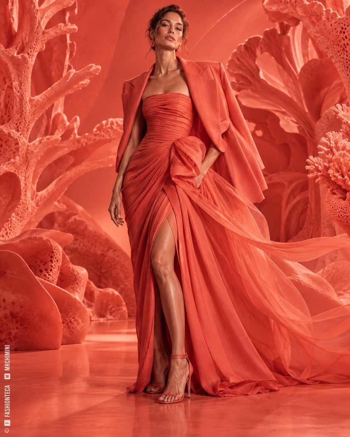 Modelo de cuerpo entero con vestido y chaqueta coral sobre una escenografía orgánica completamente coral