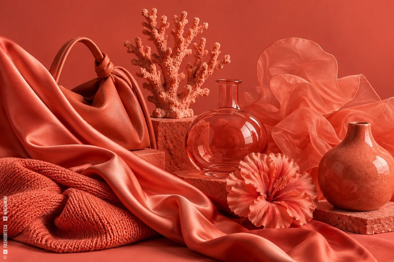 Bodegón coral con seda, punto, cuero, organza, vidrio, cerámica, flor y forma coralina