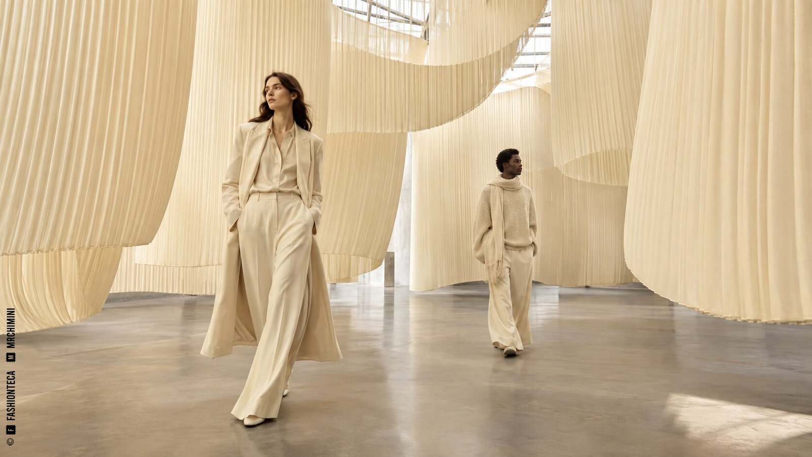 Editorial de Moda crema entre grandes paños textiles suspendidos y luz difusa