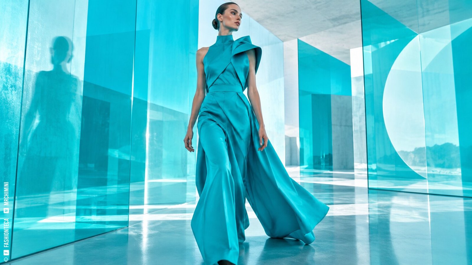 Editorial de Moda cian en una instalación contemporánea de planos translúcidos y luz blanca