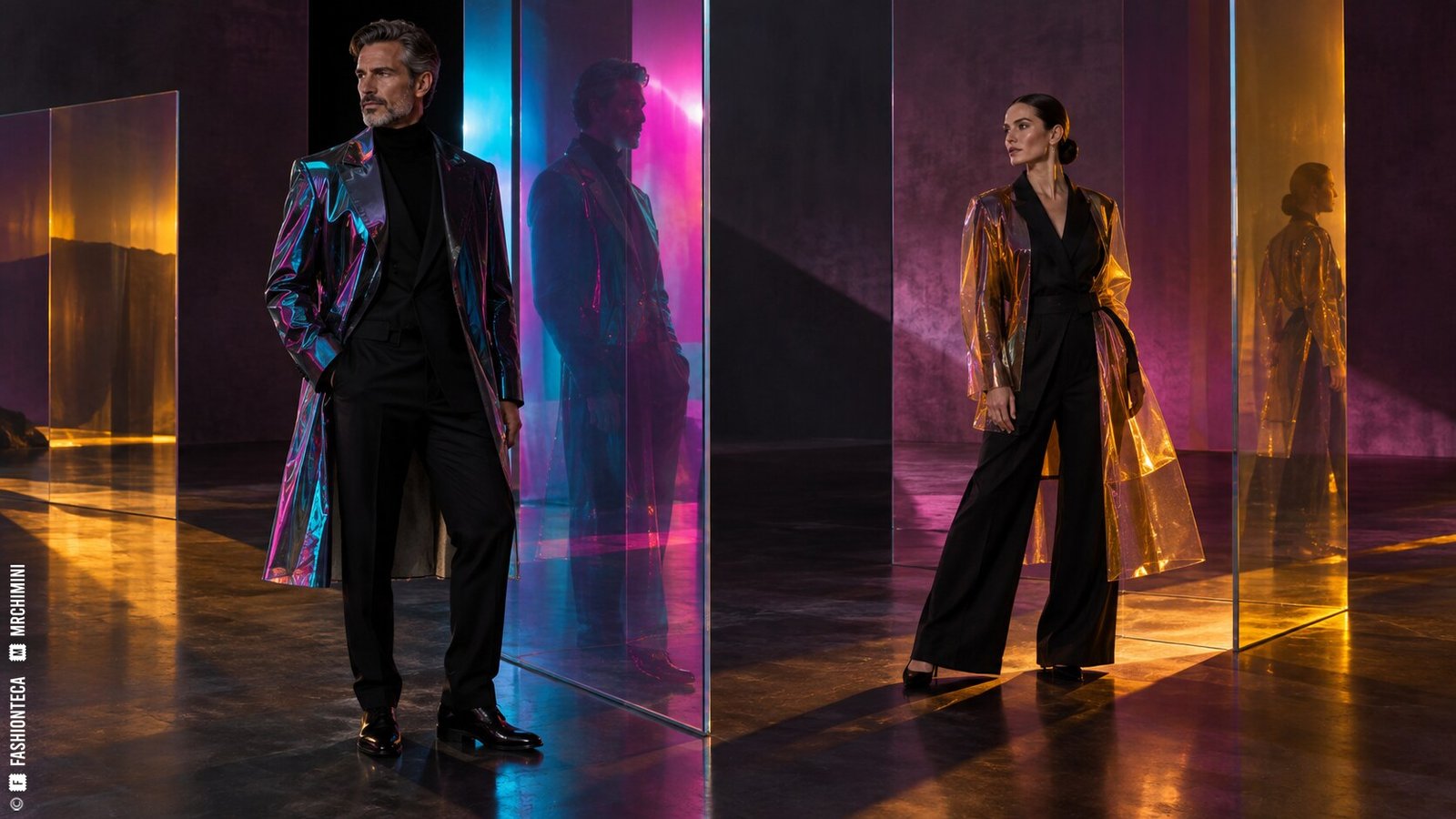 Editorial de Moda dicroica con dos modelos de cuerpo entero entre paneles cian magenta y ámbar