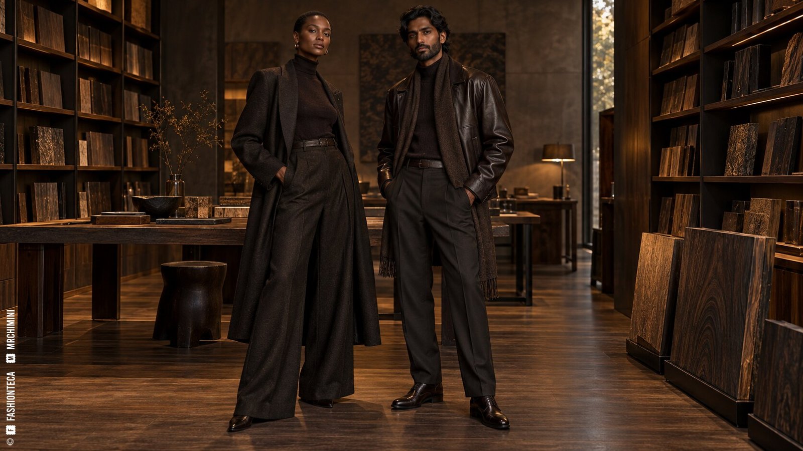 Editorial de Moda ébano con dos modelos de cuerpo entero en un archivo de madera marrón negra