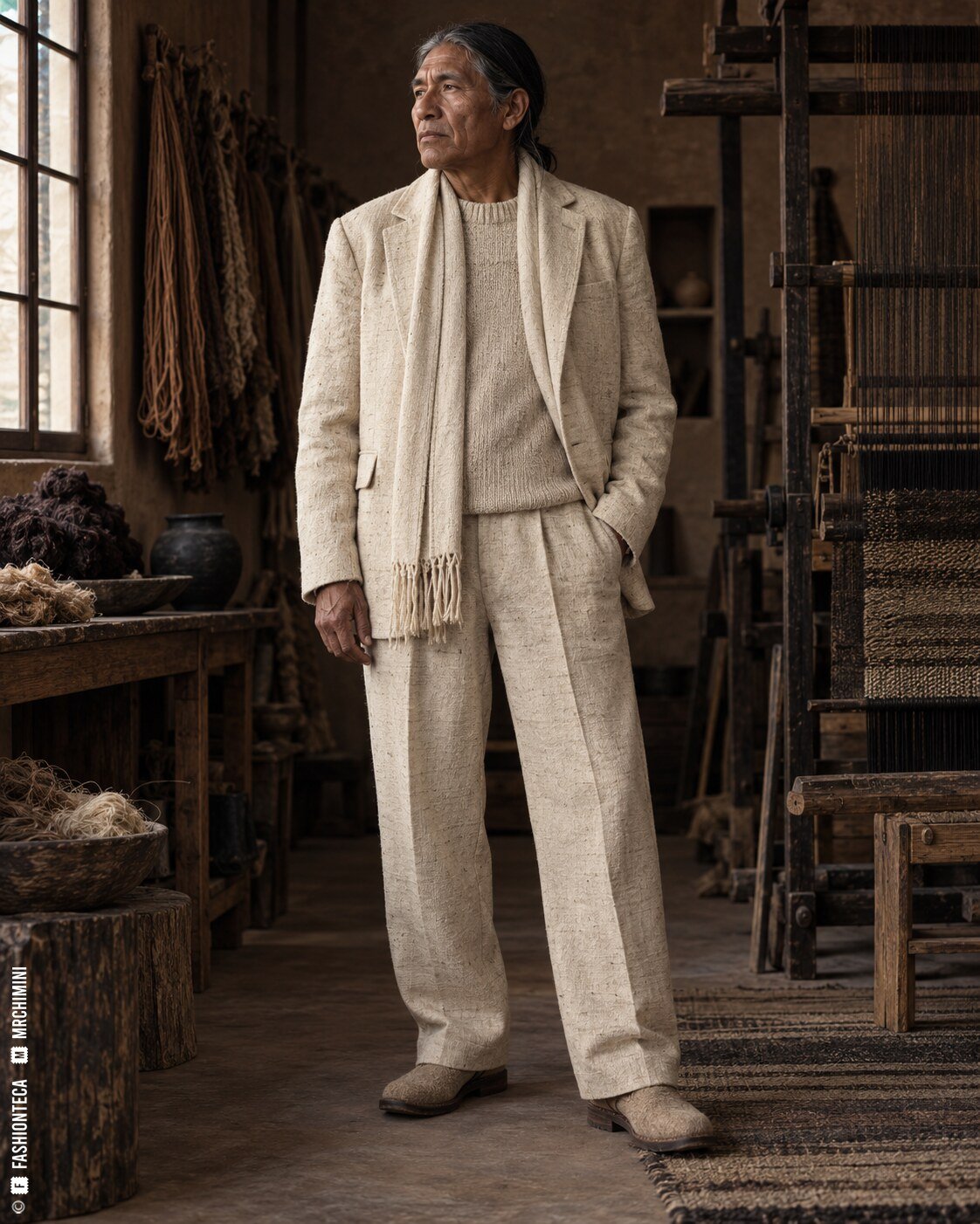 Modelo maduro de cuerpo entero con sastrería cruda de lino, algodón y lana en un taller textil oscuro