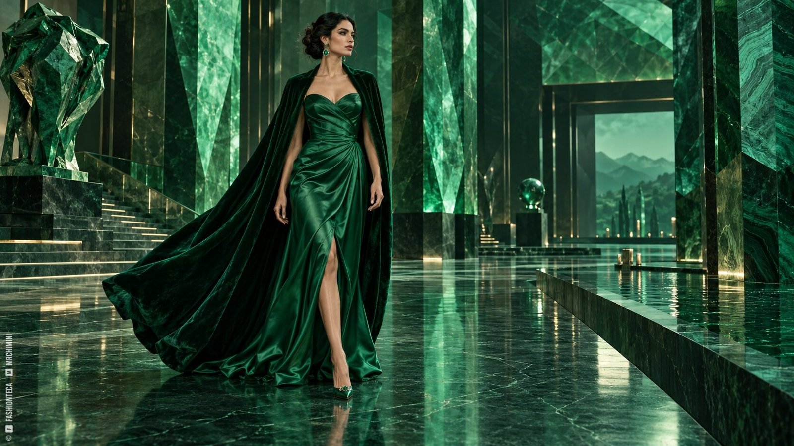 Editorial de Moda verde esmeralda en un gran salón contemporáneo de vidrio y piedra facetada