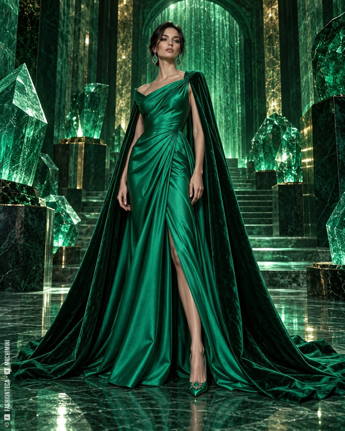 Modelo de cuerpo entero con vestido de satén y capa de terciopelo verde esmeralda en una cámara mineral