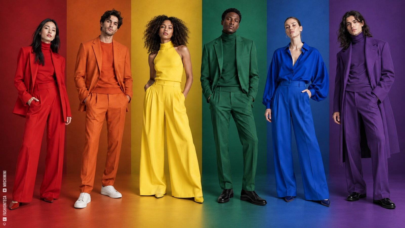 Seis modelos con looks completos en rojo, naranja, amarillo, verde, azul y violeta sobre un fondo espectral coordinado