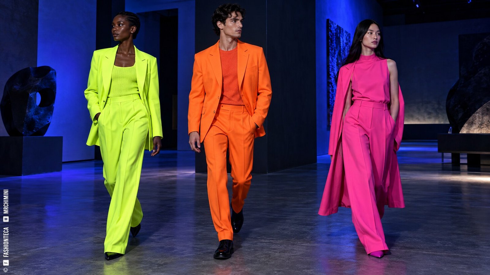 Editorial de Moda fluorescente con tres modelos de cuerpo entero en lima naranja y rosa bajo luz azul