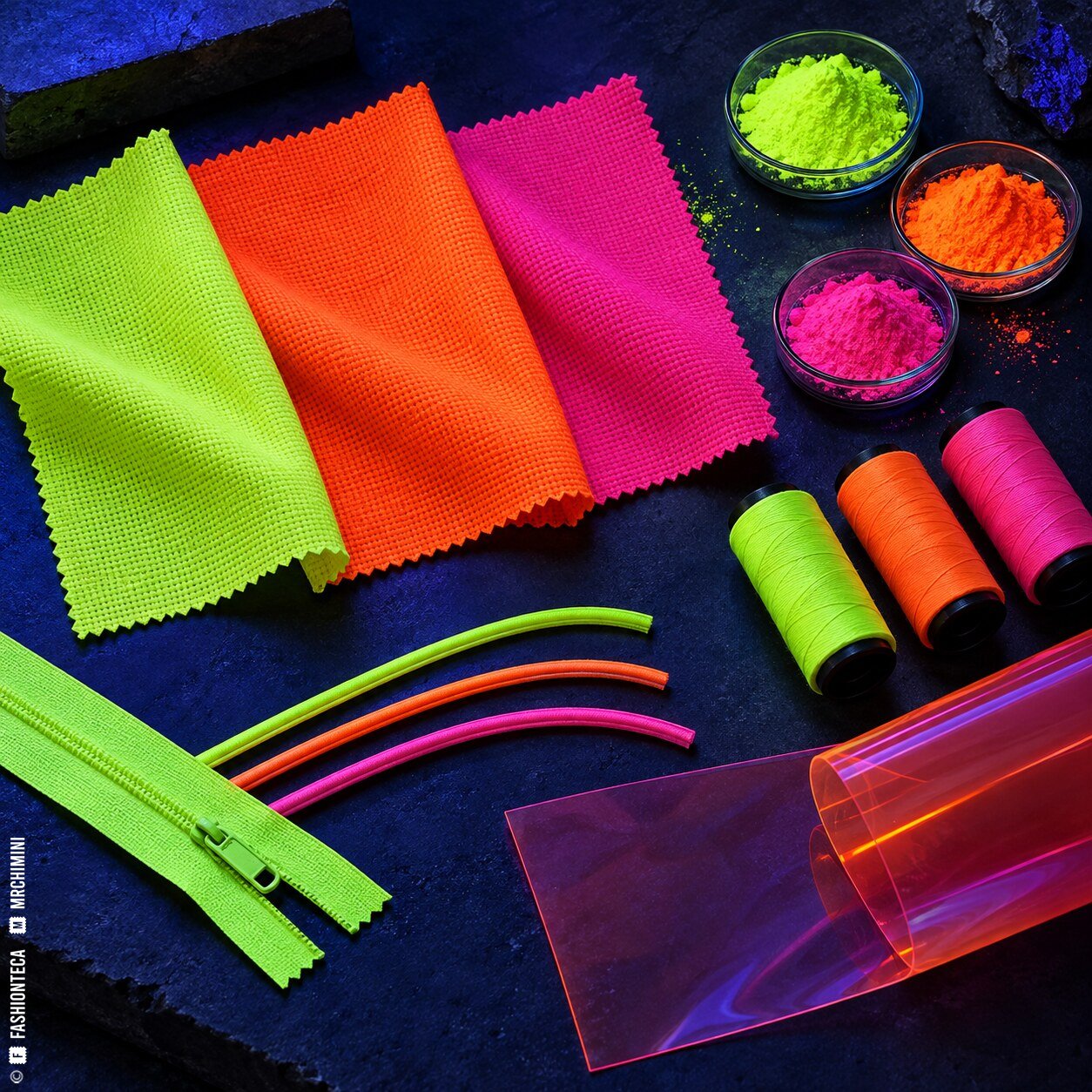 Bodegón fluorescente con tejidos lima naranja y rosa, pigmentos, hilos, vivos, cremallera y película