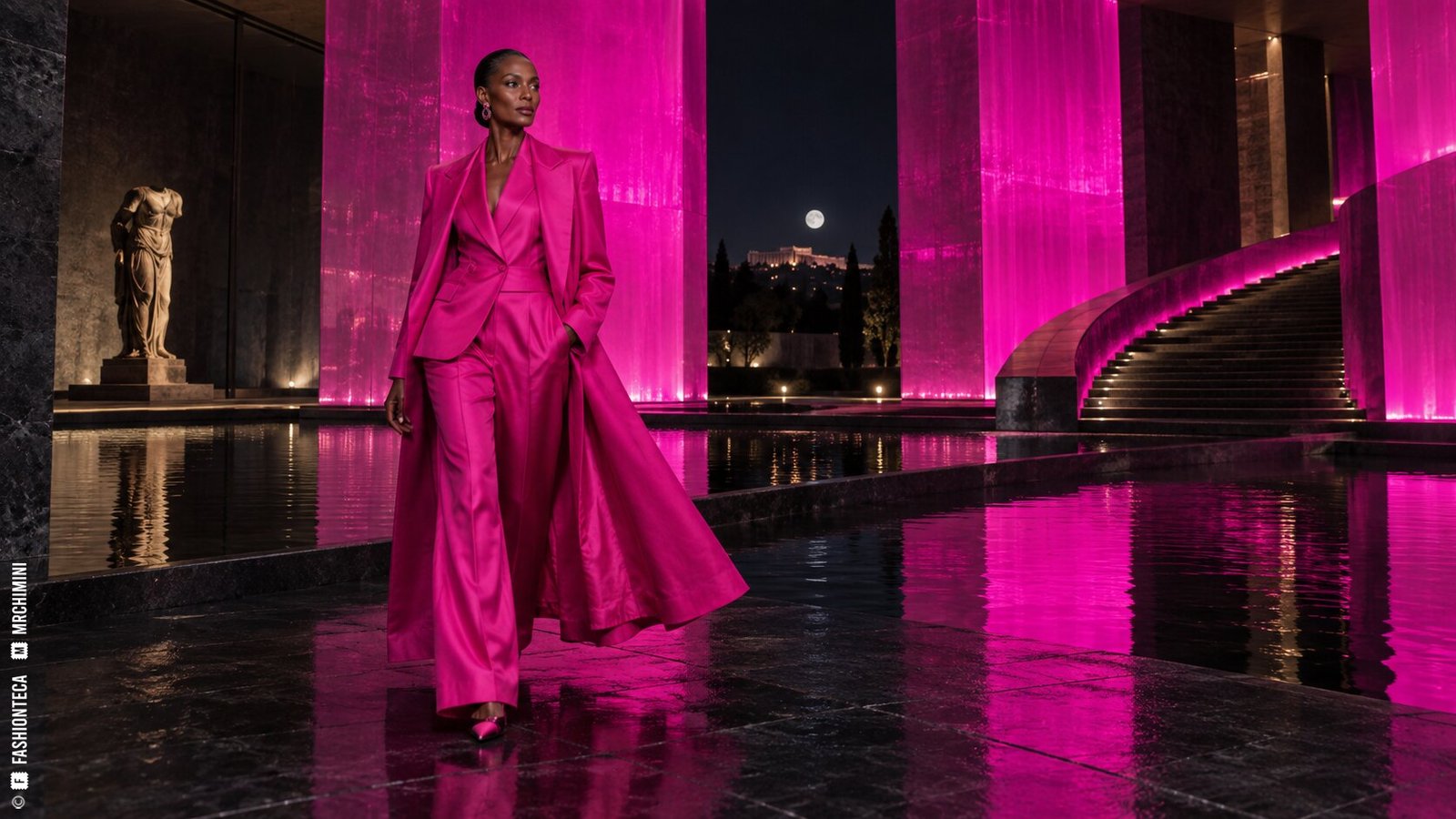 Editorial de Moda fucsia en una plaza monumental nocturna con esculturas, reflejos y luz eléctrica violeta